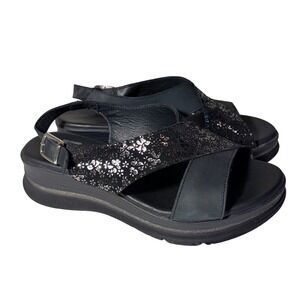 Paula Urban Black Leather Metallic Floral Wedge‎ Sandals Womens 39 Spain
